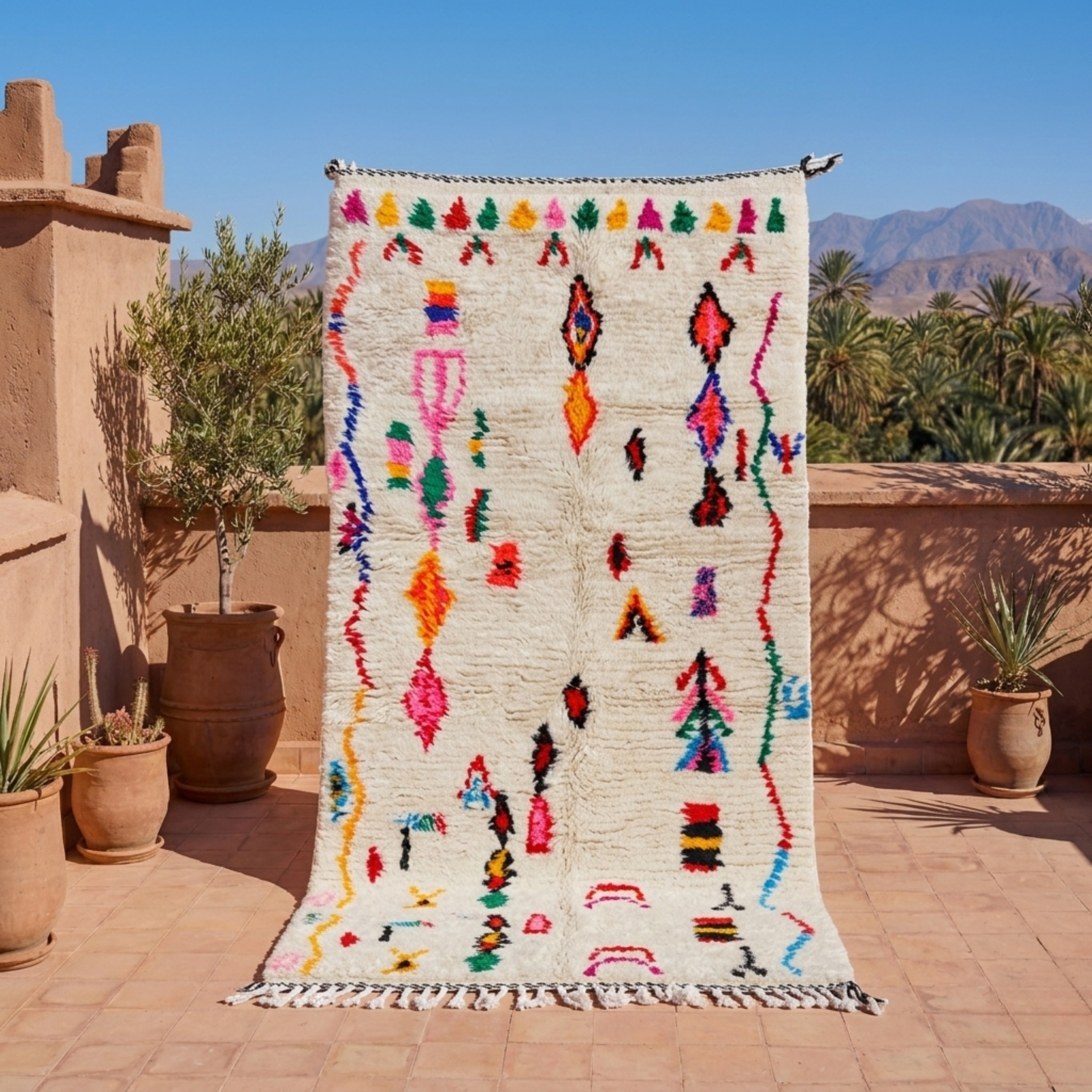 Detail eines Azilal Teppichs mit pinkem, orangefarbenem und schwarzem Berber-Muster auf cremefarbener Wolle