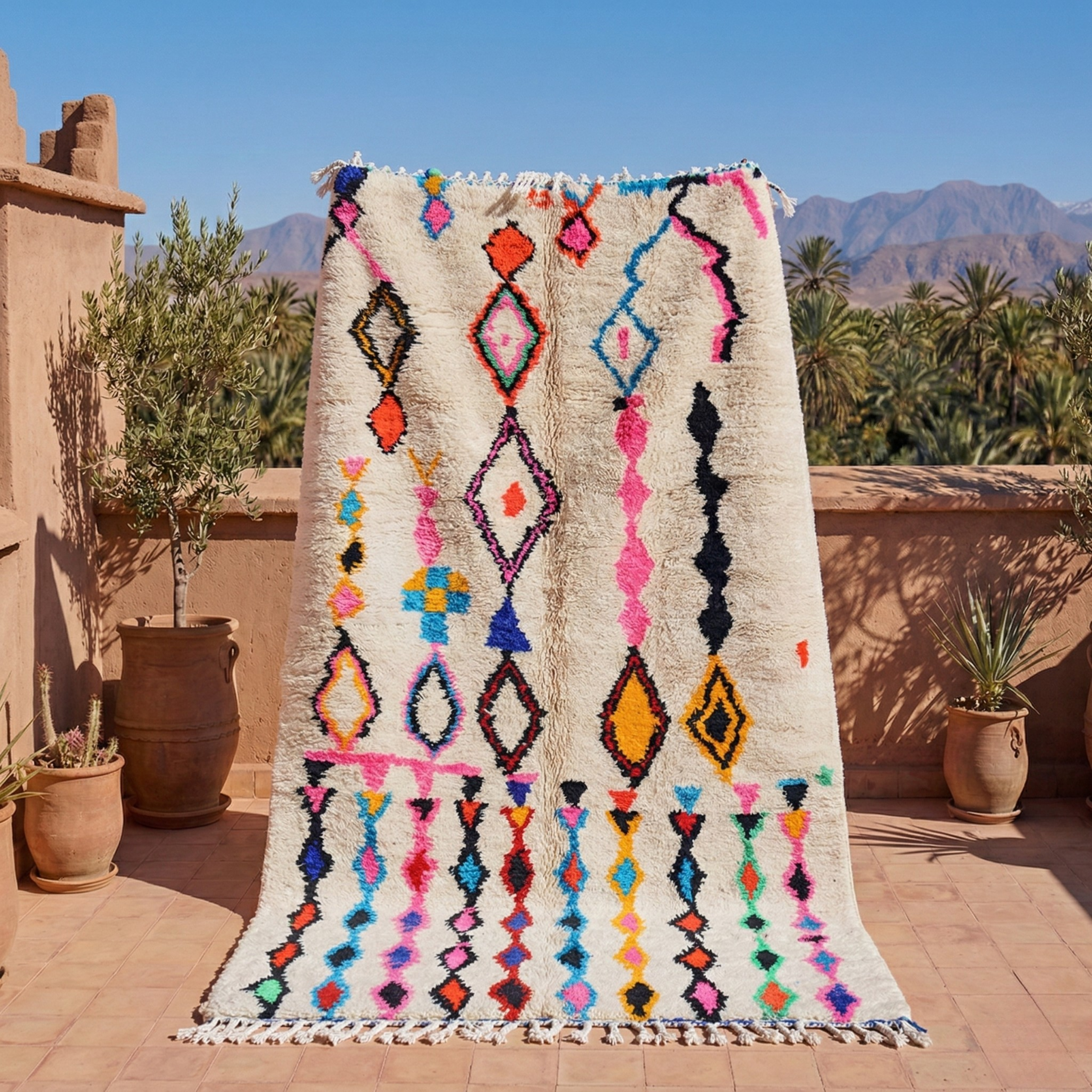 Berber Teppich aus Wolle mit buntem Muster, handgeknüpfter marokkanischer Teppich