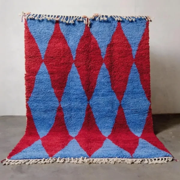 Beni Ourain Teppich rot blau handgeknüpft geometrisches Muster